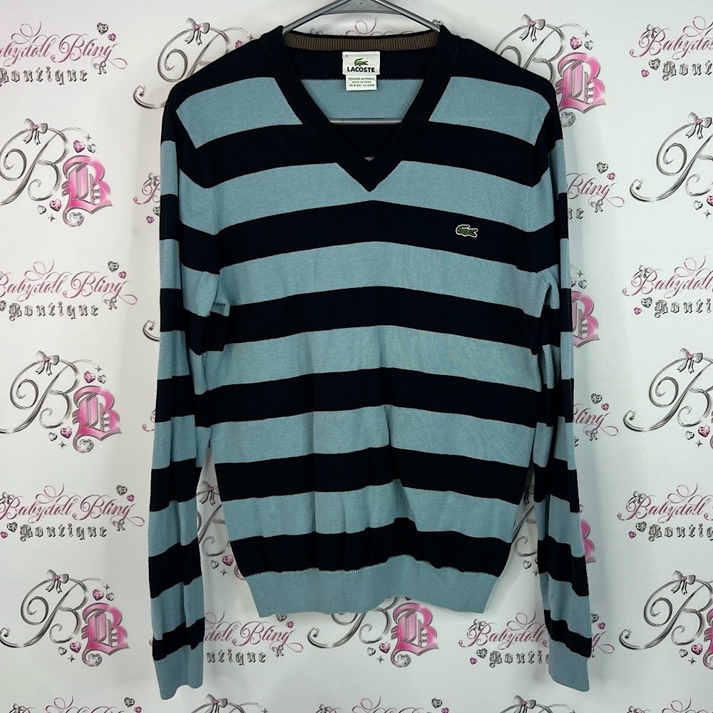Lacoste V-Neck Sweater striped stripes long sleeve preppy stretchy logo
